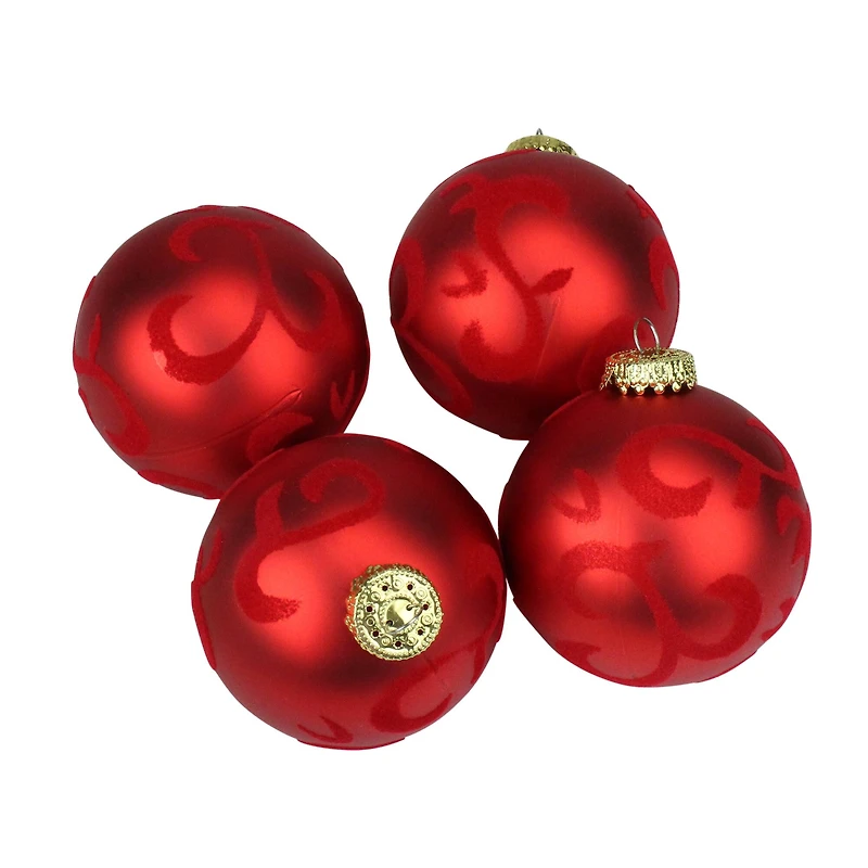 4ct 2.75" Red Flocked Flourish Shatterproof Ball Ornaments
