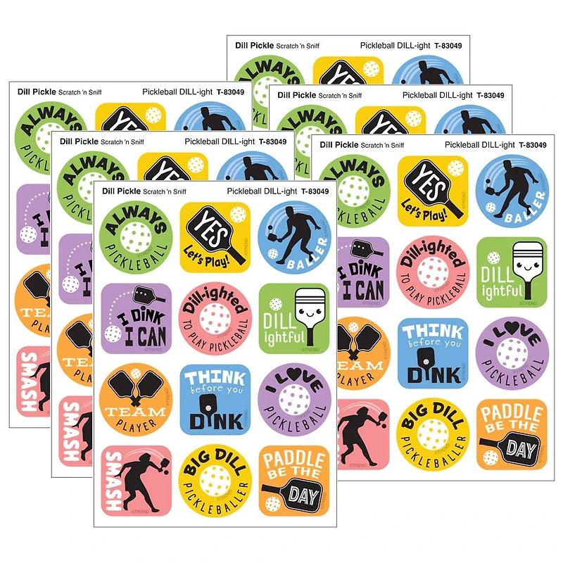 TREND Enterprises® Pickleball Pride, Dill Pickle Scent Scratch 'n Sniff Stinky Stickers®. 1.25" 6 Packs of 48