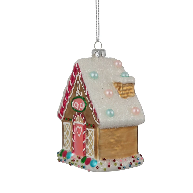 4.5" Glittered Gingerbread House Glass Christmas Ornament