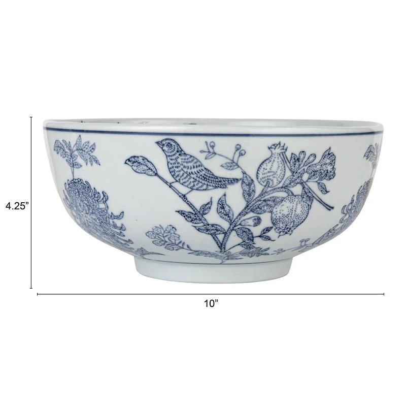 Hello Honey® 10" Blue & White Aviary Garden Stoneware Bowl