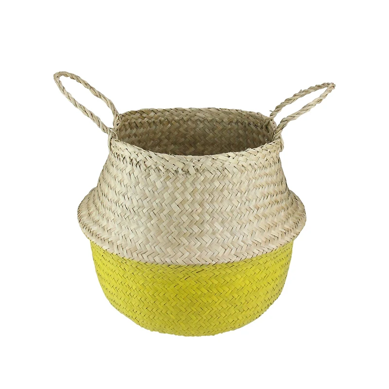 14.5" Beige & Yellow Large Seagrass Belly Basket with Handles