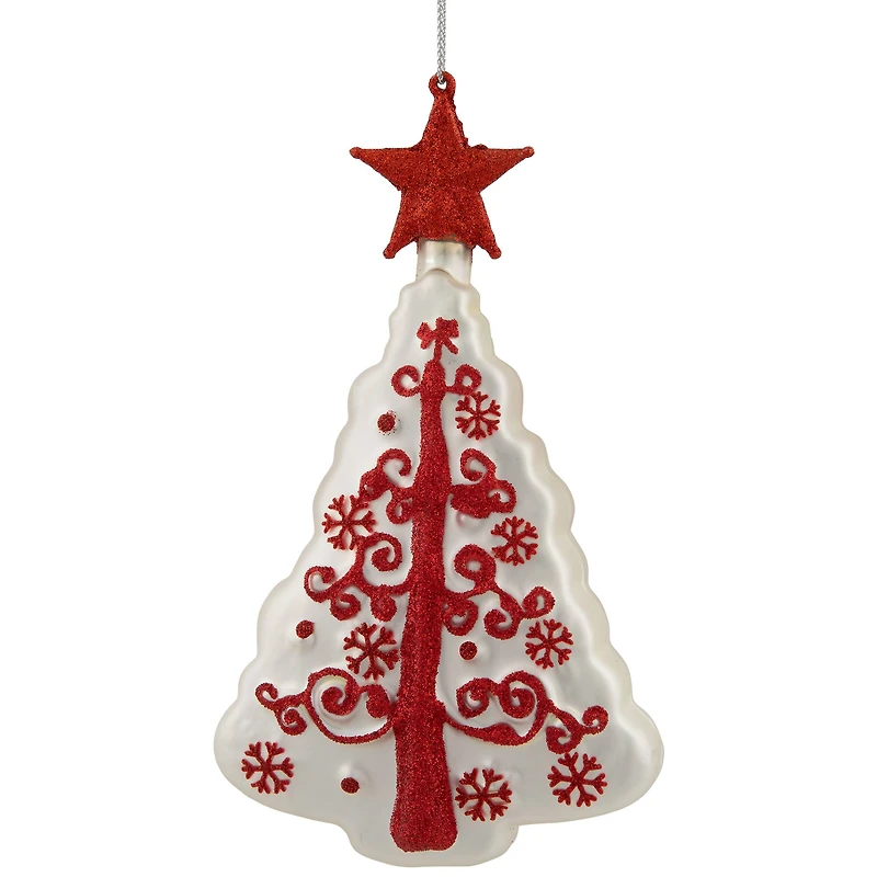 6" White & Red Christmas Tree Glass Ornament