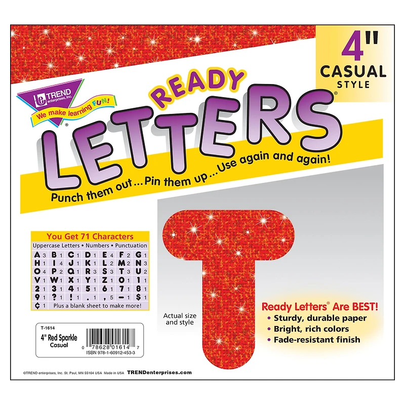 TREND Enterprises® Red Sparkle 4" Casual Uppercase Ready Letters®, 3 Packs