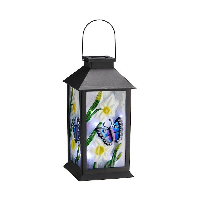 Glitzhome® 11" Glass with Butterfly & Flower Pattern Solar Powered Hanging Lantern