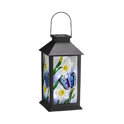 Glitzhome® 11" Glass with Butterfly & Flower Pattern Solar Powered Hanging Lantern