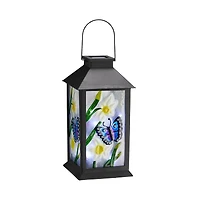 Glitzhome® 11" Glass with Butterfly & Flower Pattern Solar Powered Hanging Lantern