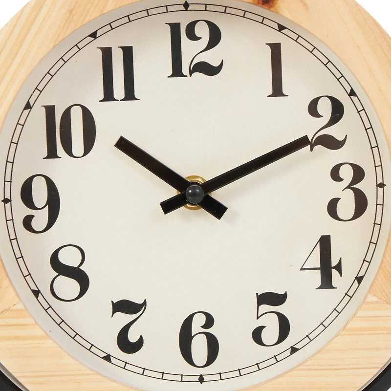 10" Light Brown Wood Clock with Curved Black Metal Stand & Ball Details