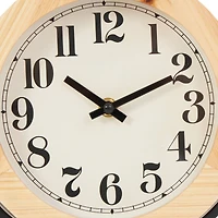 10" Light Brown Wood Clock with Curved Black Metal Stand & Ball Details