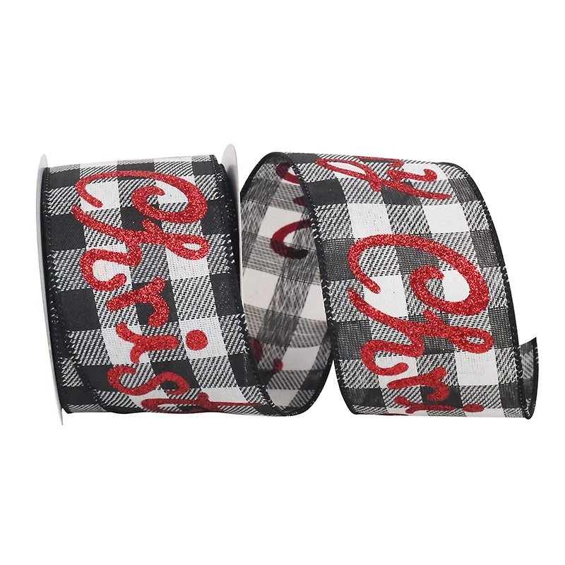 JAM Paper 2.5" x 10yd. Black & White Merry Christmas Glitter Buffalo Wired Ribbon