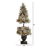 5ft. Pre-Lit Flocked Artificial Christmas Tree in Decorative Urn, White LED Lights