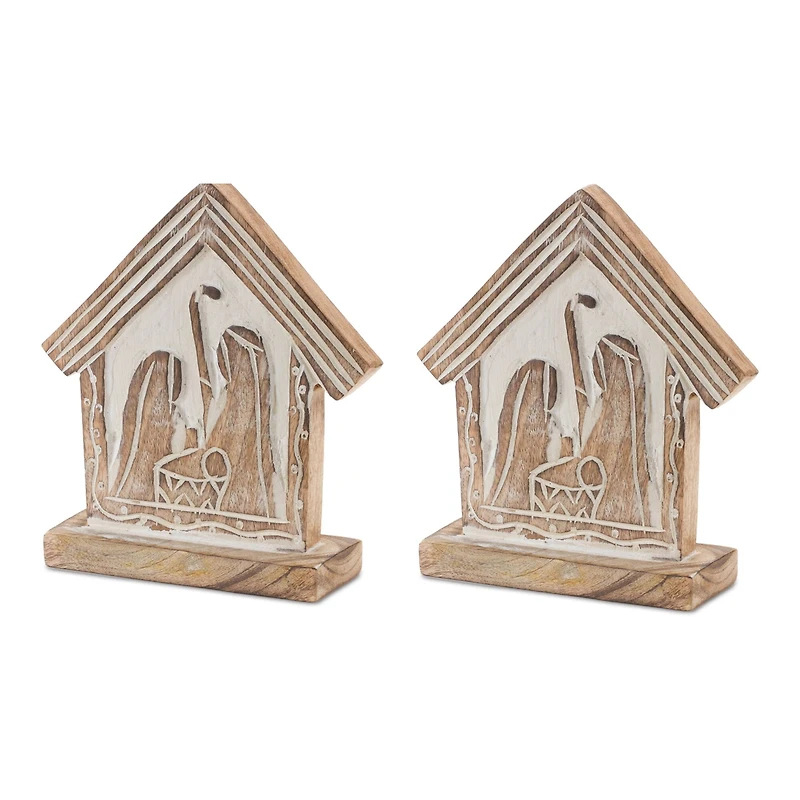 7" Carved Holy Family Nativity Barn, 2ct.