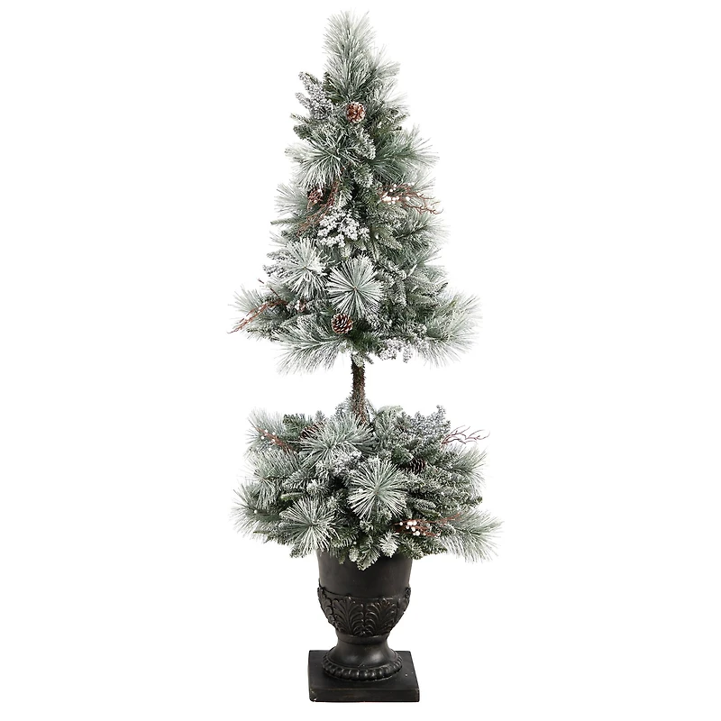 5ft. Pre-Lit Flocked Artificial Christmas Tree in Decorative Urn, White LED Lights