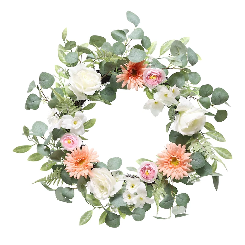 24"Artificial Chrysanthemum, Rose & Ranunculus Floral Spring Wreath