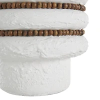 White Glass Textured Decorative Vase with Brown Wood Beaded Stripes Set