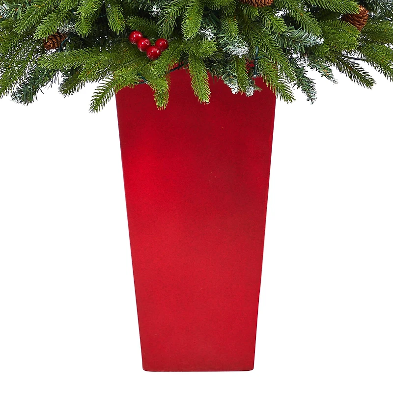 5ft. Pre-Lit Snow Tipped Portland Spruce Artificial Christmas Tree  in Red Tower Planter, Clear LED Lights
