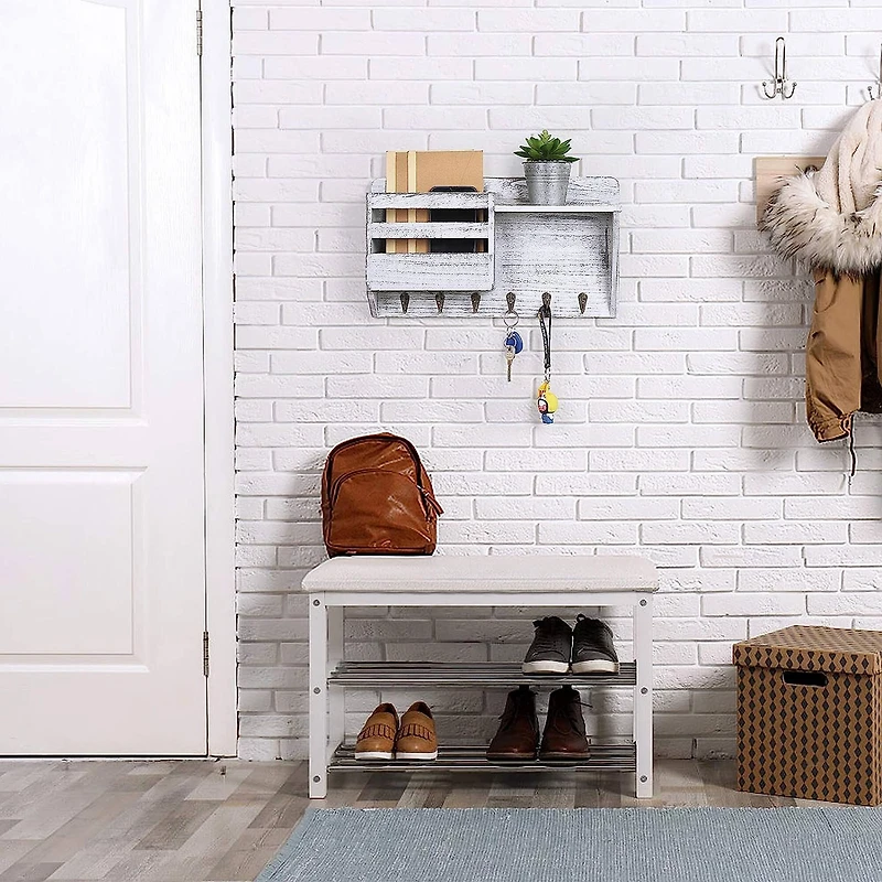 NEX™ Wall-Mounted Rustic Off-White Mail Shelf with 6 Double Key Hooks