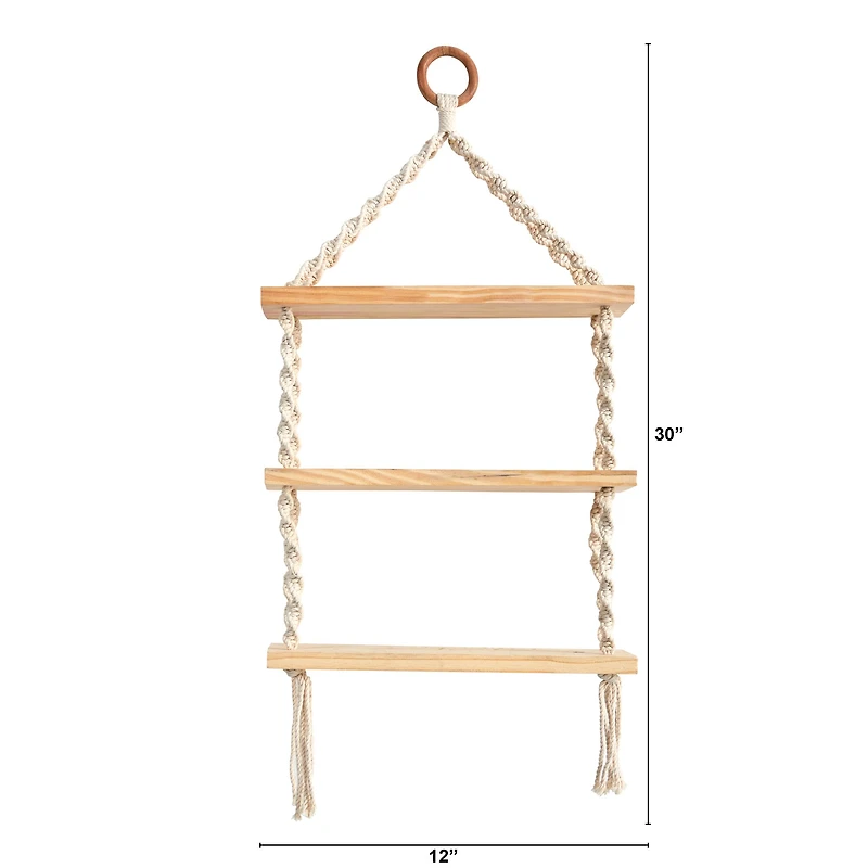 2.5ft. x 1ft. Three Tier Handmade Boho Macrame Wall Hanging with Wooden Shelf