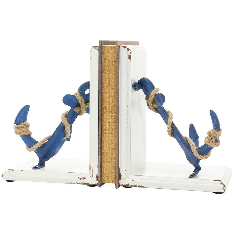 8" Blue Wood Anchor Distressed Bookends with Rope Accents & White Wood Stands Set