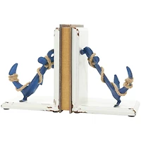 8" Blue Wood Anchor Distressed Bookends with Rope Accents & White Wood Stands Set