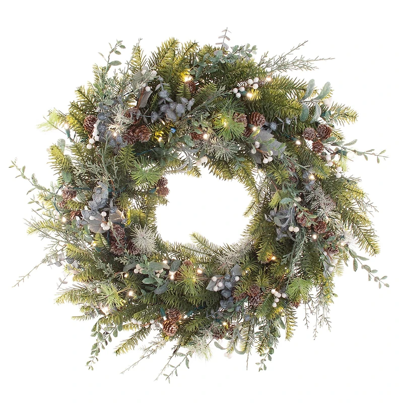 Village Lighting 30" Pre-Lit Rustic White Berry Christmas Wreath, Clear LED Lights