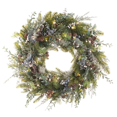 Village Lighting 30" Pre-Lit Rustic White Berry Christmas Wreath, Clear LED Lights