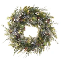 Village Lighting 30" Pre-Lit Rustic White Berry Christmas Wreath, Clear LED Lights