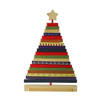 15.5" Beige & Red Adjustable Wooden Christmas Tree Tabletop Décor