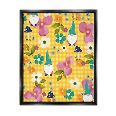 Stupell Industries Yellow Tartan Patterned Spring Gnomes Mushrooms Floater Framed Art