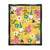 Stupell Industries Yellow Tartan Patterned Spring Gnomes Mushrooms Floater Framed Art