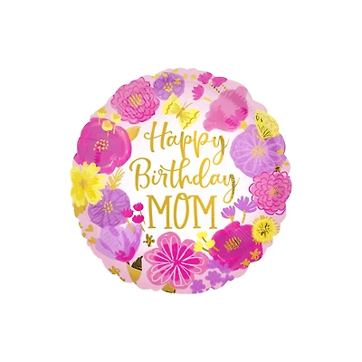 17" Happy Birthday Mom Painted Flowers Foil Balloon