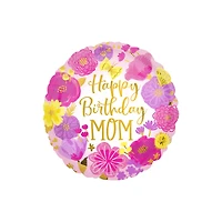17" Happy Birthday Mom Painted Flowers Foil Balloon