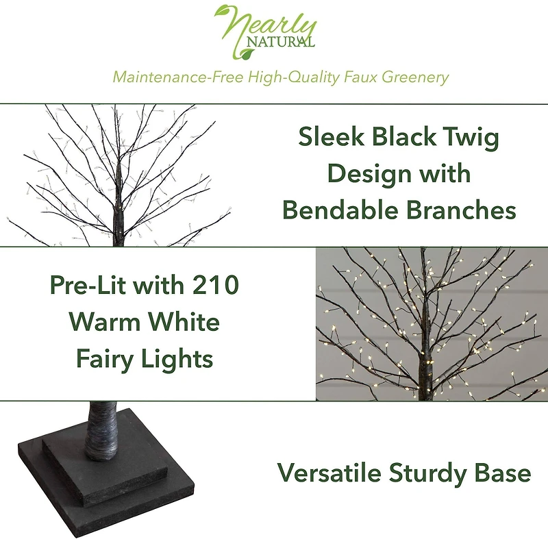 2ft. Pre-Lit Artificial Halloween Black Twig Tree with 210 Warm White Fairy Copper Wire LED Lights