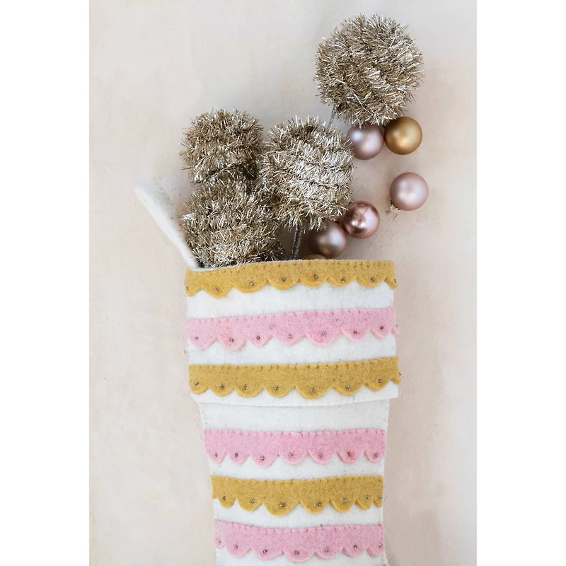 Hello Honey® 19" Pink, Cream & Mustard Wool Felt Stocking with Appliqued Scallops & Beads