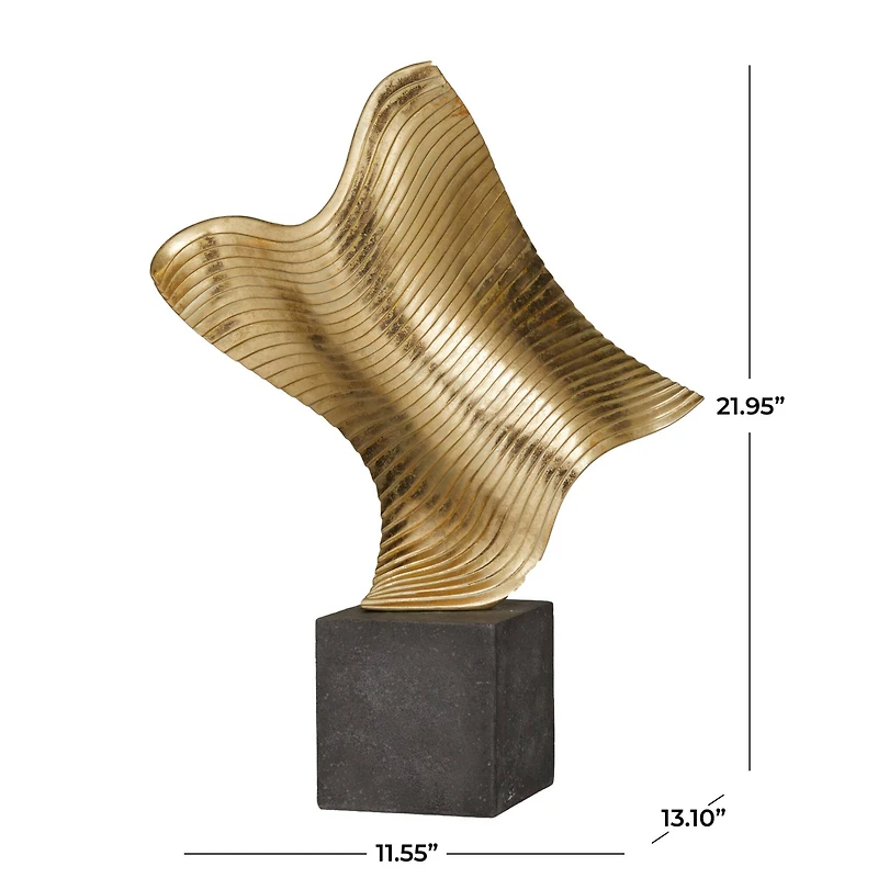 22" Gold Polystone Wave Abstract Sculpture with Black Base