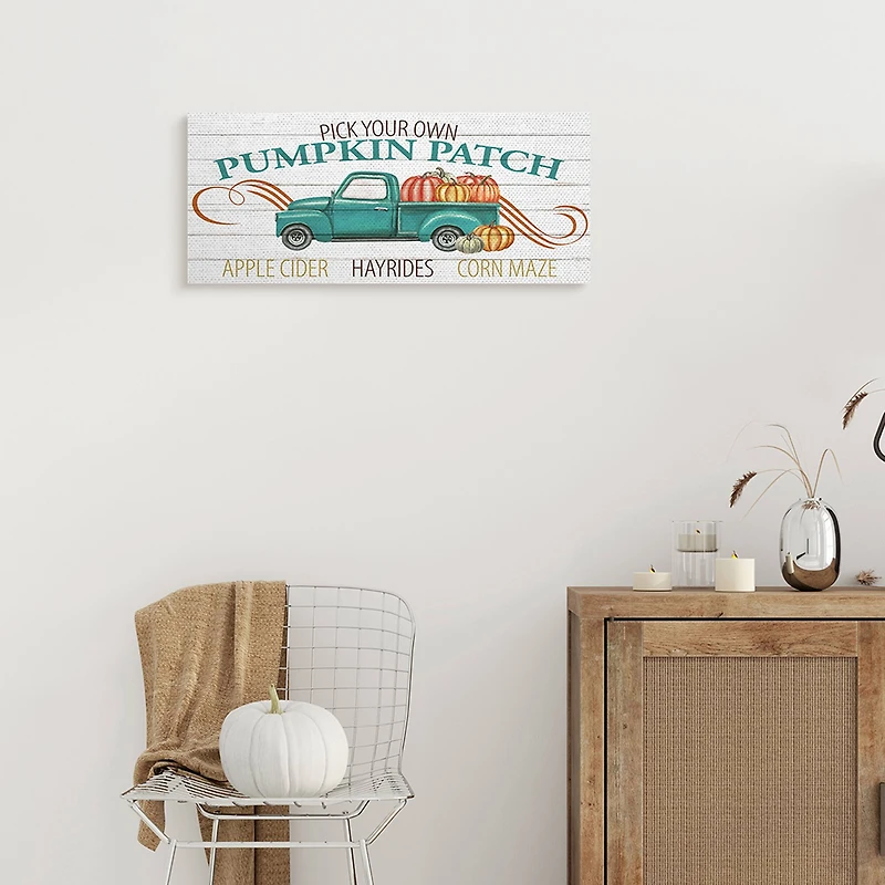 Stupell Industries Turquoise Truck Autumn Harvest Pumpkin Patch Sign Canvas Wall Art