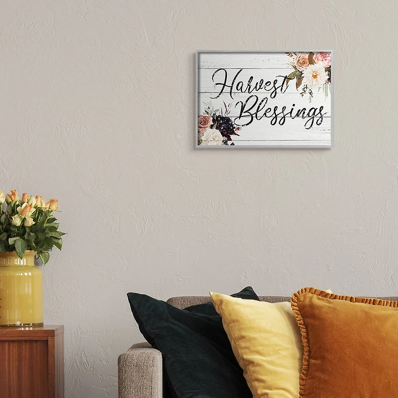 Stupell Industries Harvest Blessings Phrase Pink Peony Floral Arrangements in Frame Wall Art