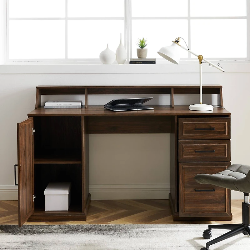 Walker Edison 58" Dark Walnut 3 Drawer Computer Desk with Hutch