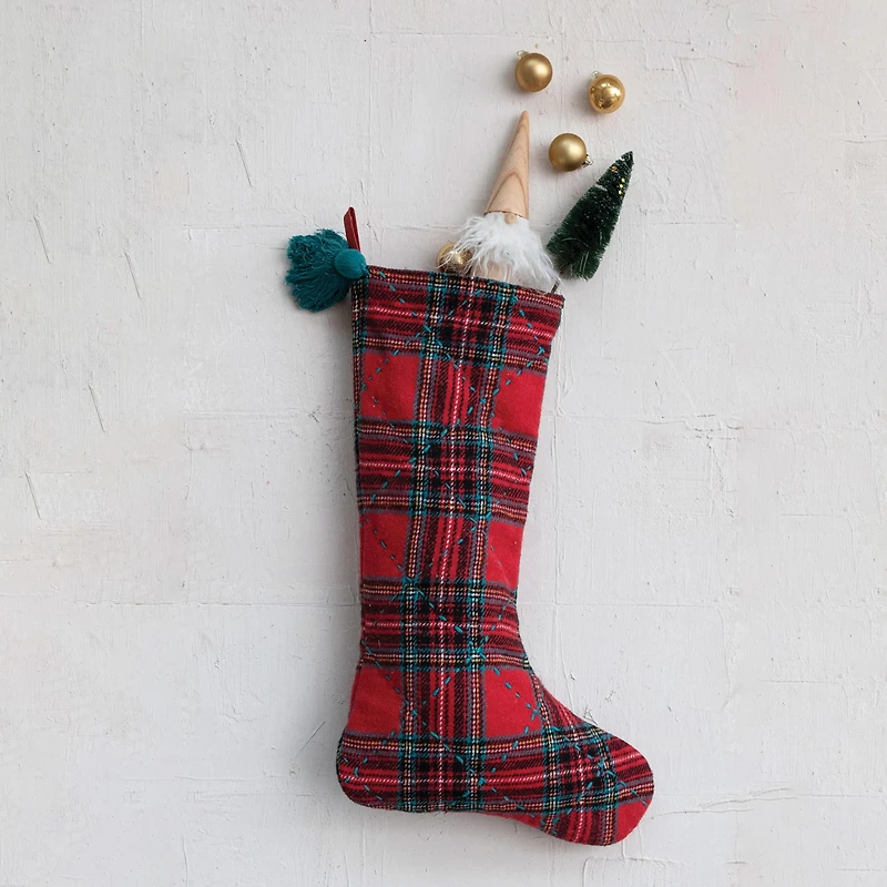 Hello Honey® 20" Red & Green Plaid Brushed Cotton Flannel Quilted Stocking with Tassel