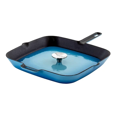 MegaChef 11" Square Blue Enamel Cast Iron Grill Pan with Matching Grill Press