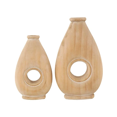 Brown Wood Teardrop Vase with Cutout Center Set