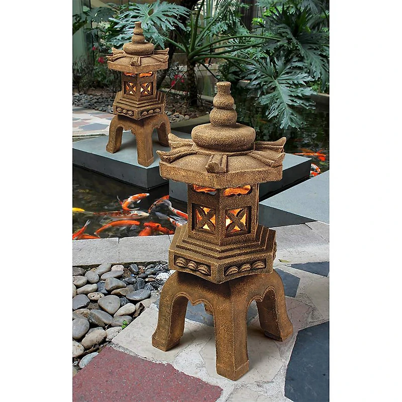 Design Toscano 27" Illuminated Brown Pagoda Lantern LED Statues, 2ct.