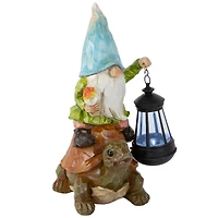12.5" Solar LED-Lit Gnome & Turtle Outdoor Garden Statue