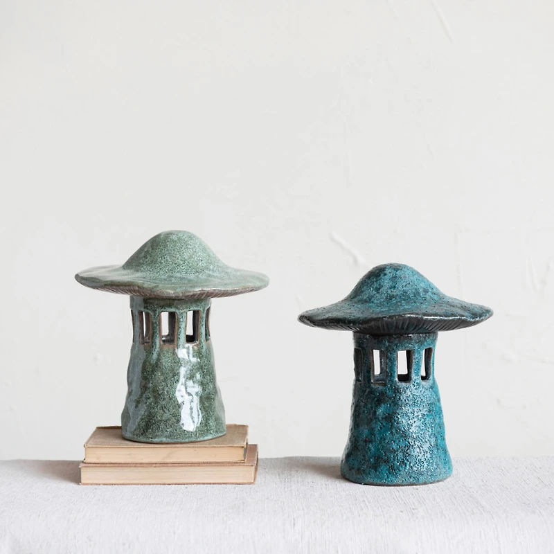 Hello Honey® 9" Stoneware Mushroom Lantern with Lid Set, 2ct.