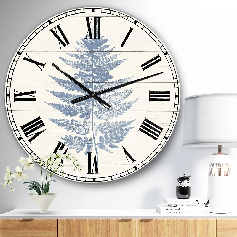 Designart 'Blue Fern Print On Wood I Traditional Wall Clock
