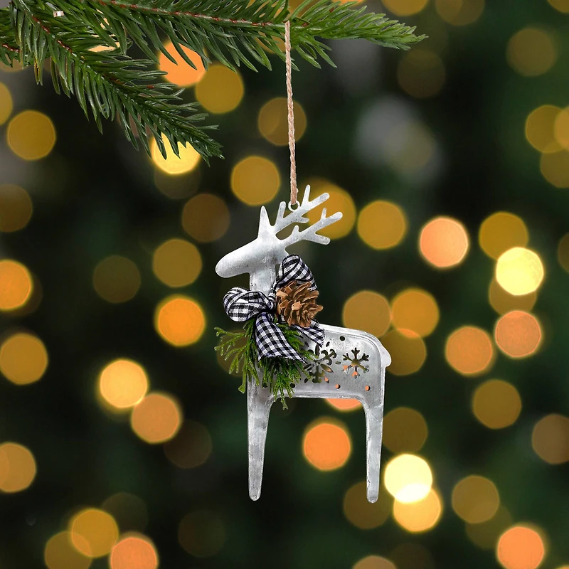 6.25" Silver Metal Reindeer Christmas Ornament with Black Gingham Bowtie & Pine