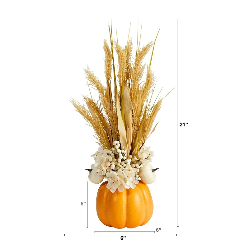 21" Dried Wheat And Pumpkin Fall Arrangement In Pumpkin Vase