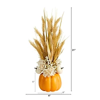 21" Dried Wheat And Pumpkin Fall Arrangement In Pumpkin Vase