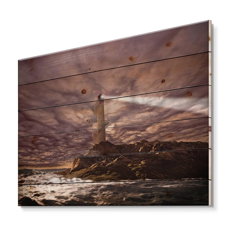 Designart - Lighthouse Shining Light During Stormy Night I