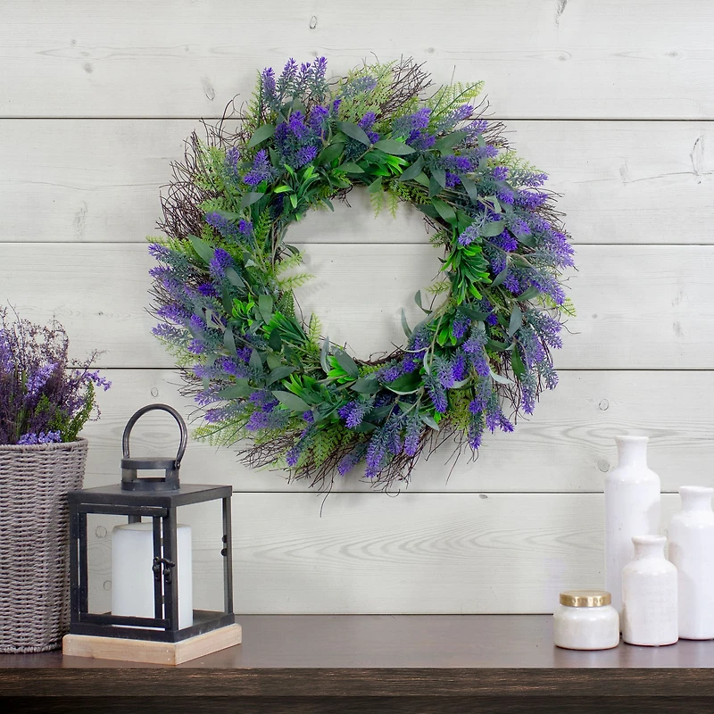 24" Purple Lavender & Spring Foliage Artificial Floral Wreath