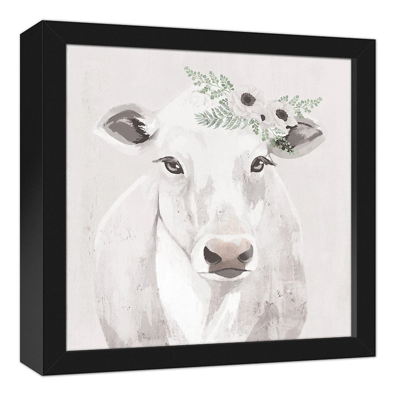 Cow With Florals 17.73" x 17.73" Black Framed Canvas